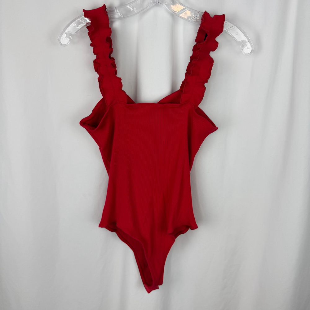 Francesca’s Red Ribbed Ruffle Strap Bodysuit XL Valentine Romantic Stretch - Picture 5 of 10
